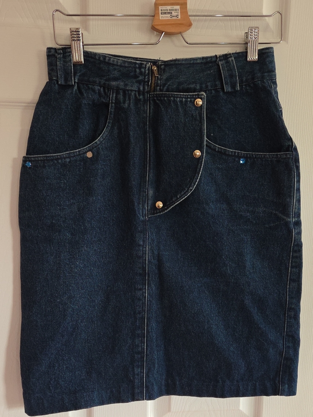 Dark Blue Denim Pencil Skirt with Gold Hardware